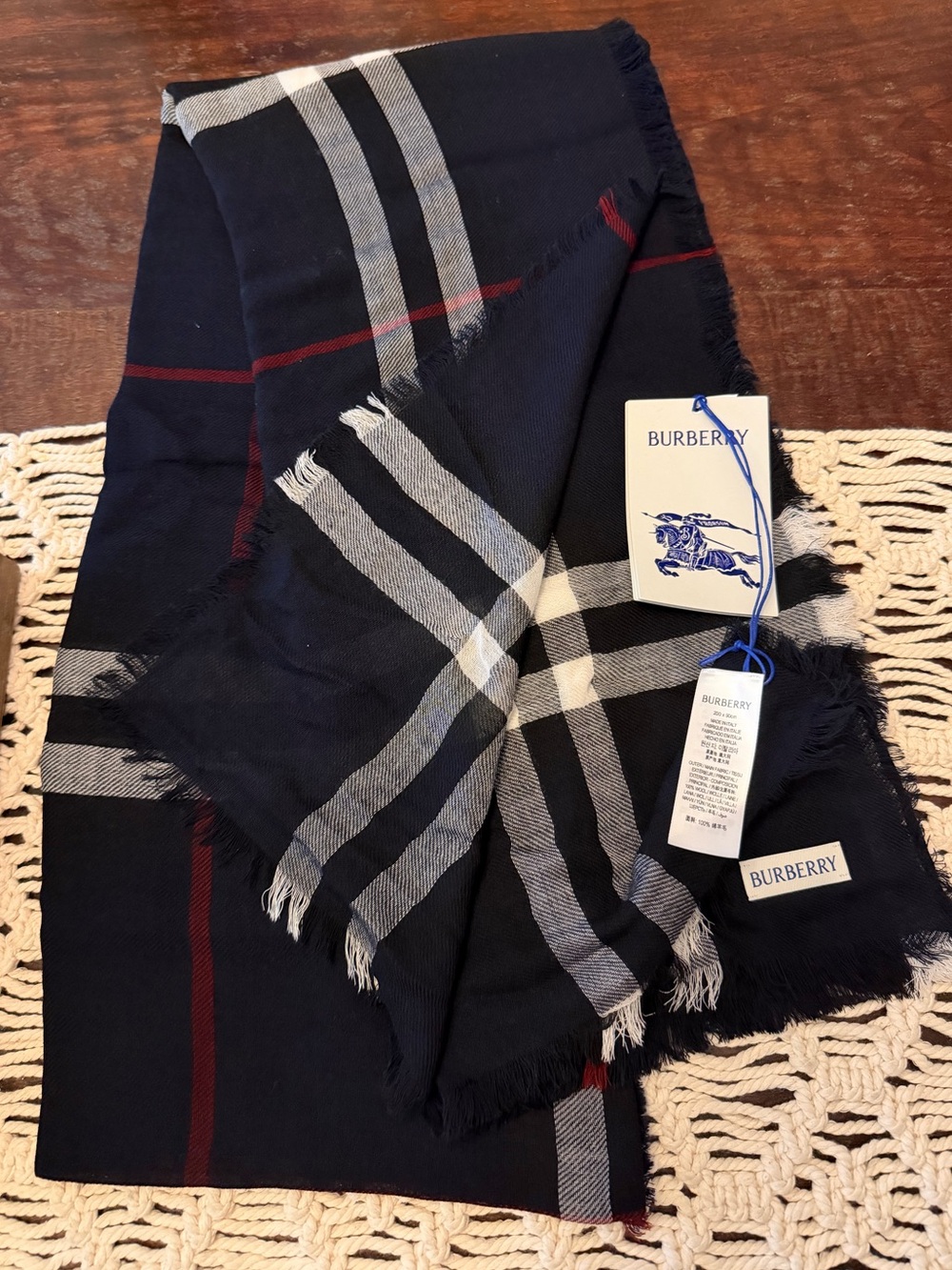 Burberry Men’s Giant Check Lightweight Wool Scarf in Ink - 78”x 35” - NWT